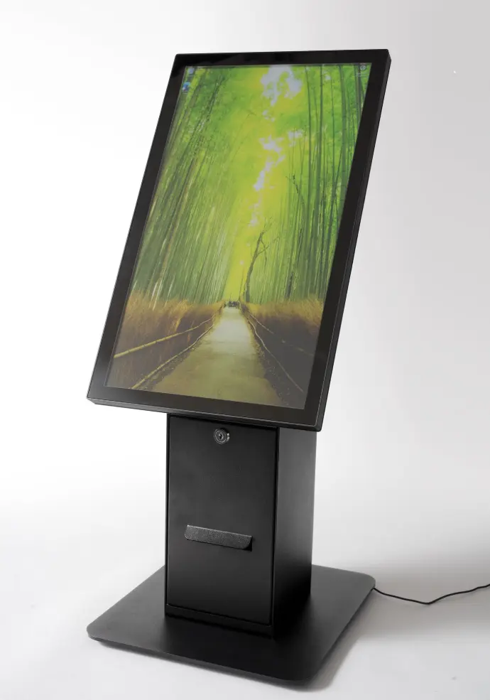 Voorbeeld van een self-checkoutkiosk op maat Vrijstaande self-checkoutkiosk met 27-inch aanraakscherm in portretmodus