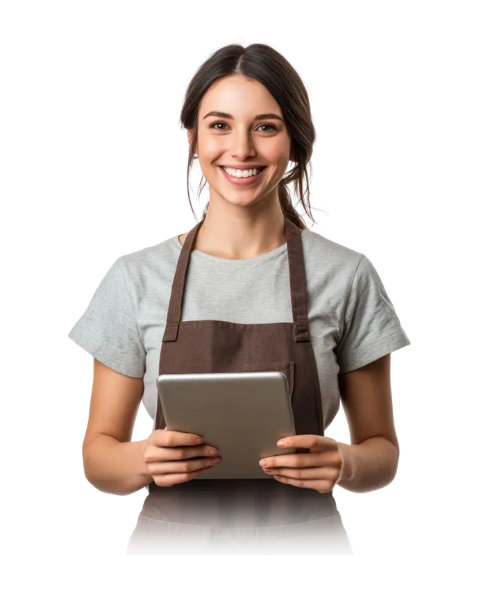 Hospitality worker using tablet in restaurant