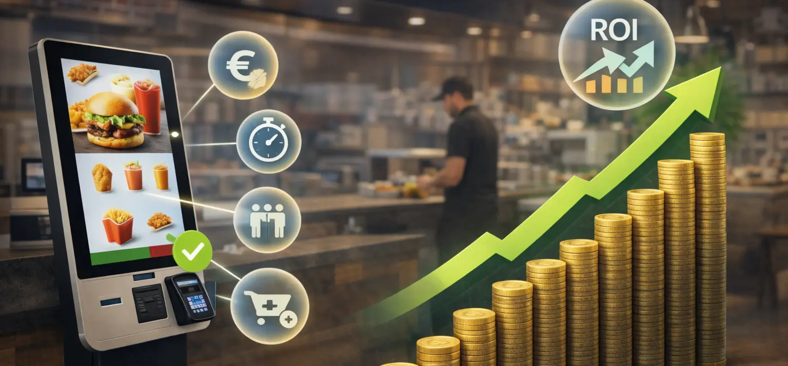 restaurant self ordering kiosk showing roi growth increased revenue and operational efficiency