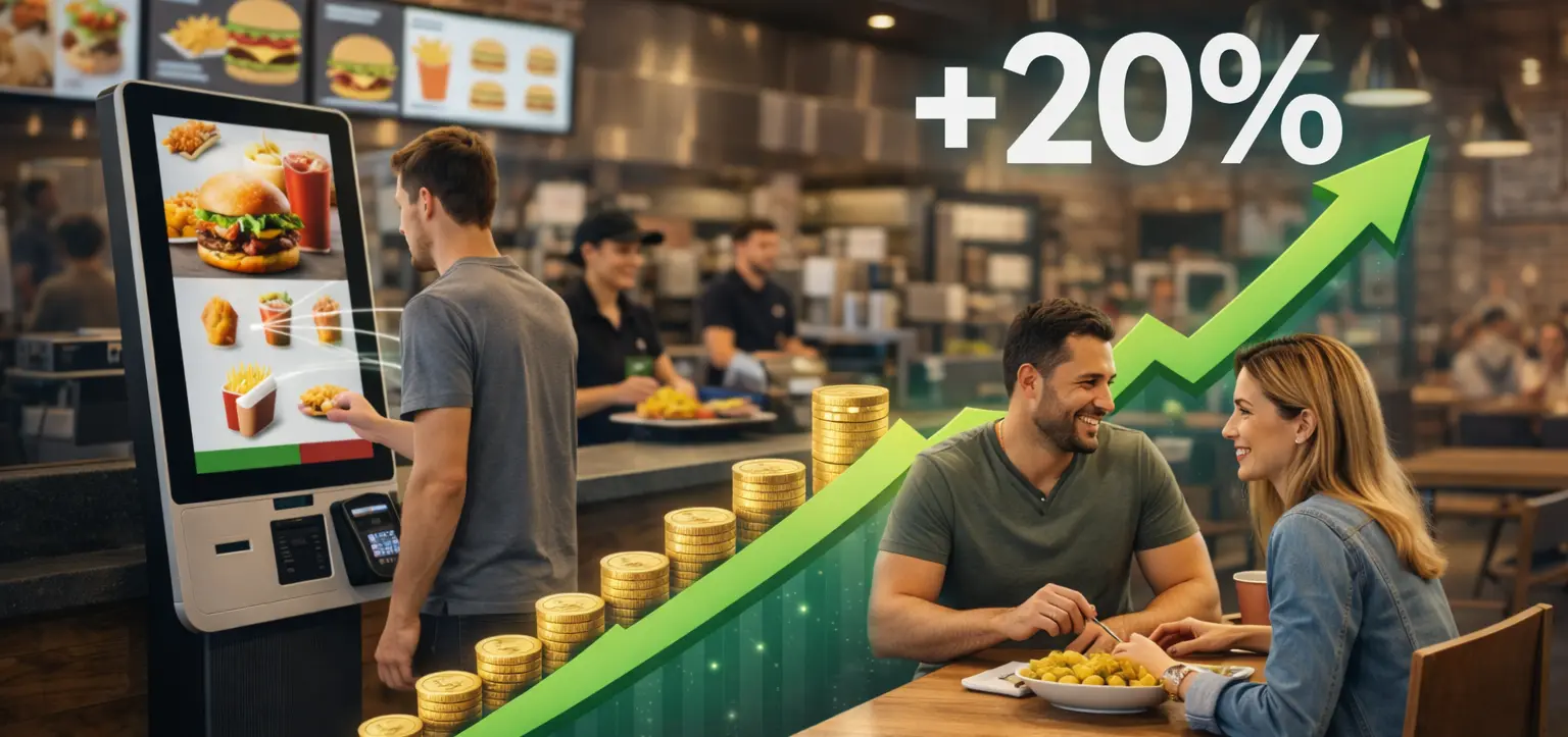 self ordering kiosk in restaurant showing increased average order value and customer spending behavior