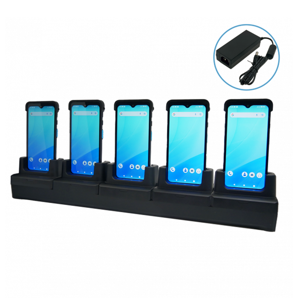 EA660 5-slot terminal charging cradle with power adapter. Compatible with the EA660 with and without bumper. *Not included but optional accessory: 3 Pins Power Cord EU or UK* (EU 1550-602333G / UK 1550-602689G)