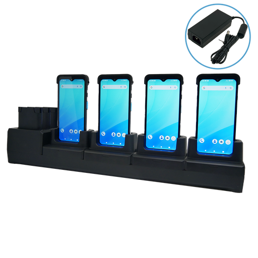 [5000-900109G] PA768 4-slot terminal and 4-slot battery charging cradle with power adapter 12V/5A (1010-900068G) Including detachable cover for PA768 with or without bumper. *Not included but optional accessory: 3 Pins Power Cord EU or UK* (EU 1550-602333G / UK 1550-602689G)