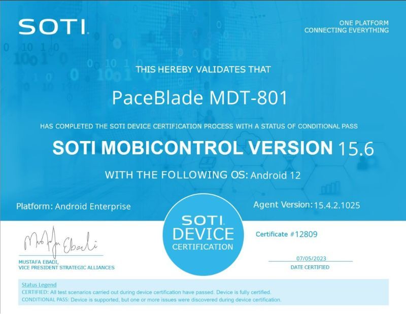 PaceBlade MDT-801 SOTI certified